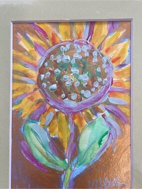 Sunflower on Gold ”An Original Acrylic Painting On Paper Matted  5"x7"